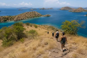 Travelers hiking the short trail on Kelor Island near Labuan Bajo