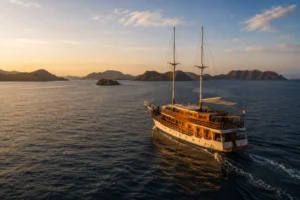 Phinisi sailing through Komodo National Park on the final morning