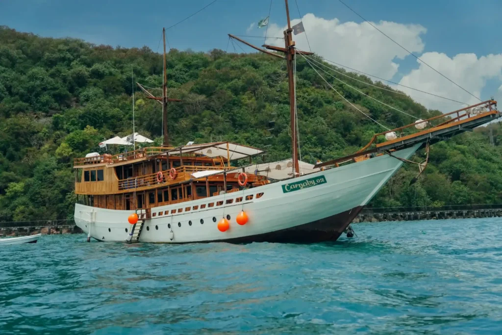 Aerial view of Carnaby 02 anchored over shallow water in Komodo