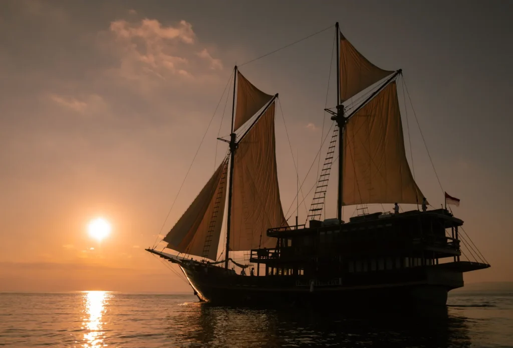 The Celestia phinisi yacht under sail in Komodo National Park, Indonesia