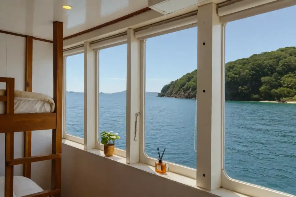 Sharing cabin on Chrisbow Azure with twin and bunk layout for up to four guests