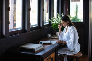 Study desk and sea-view windows in the Dunia Baru master suite