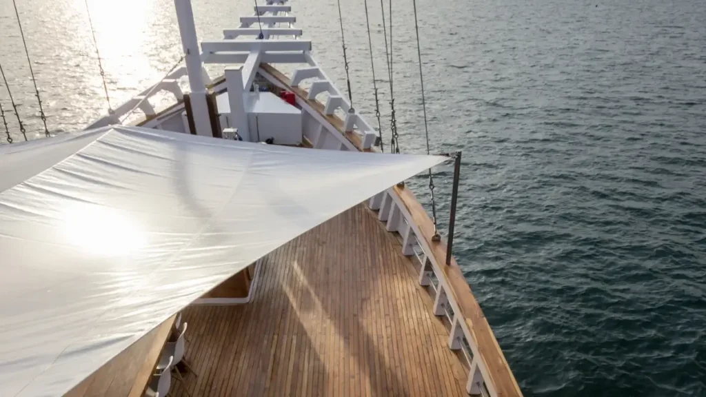 Covered side deck aboard Fenides liveaboard