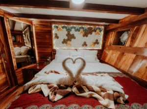 Interior of the Bima cabin aboard Gandiva Phinisi