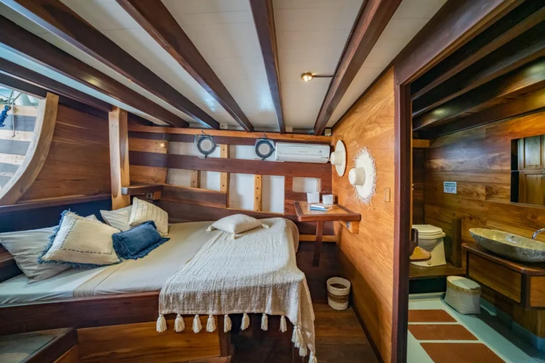 Dewi Sri aft cabin on Jakare with a 150 cm double bed and access to the private stern terrace