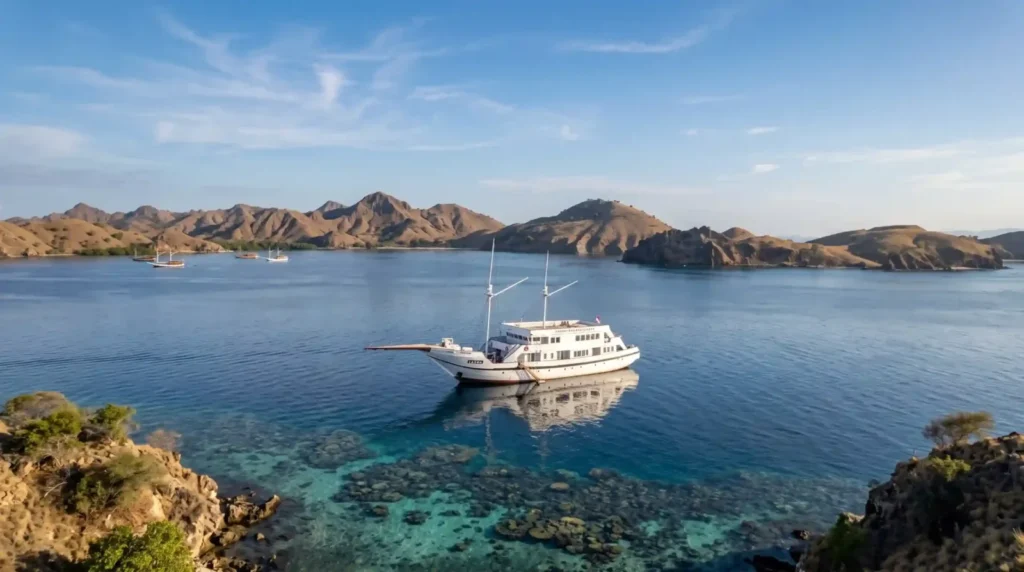LASHA phinisi anchored over a Komodo reef