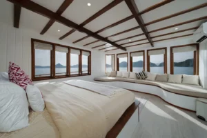 Super king bed in the Santorini cabin aboard Le Costa