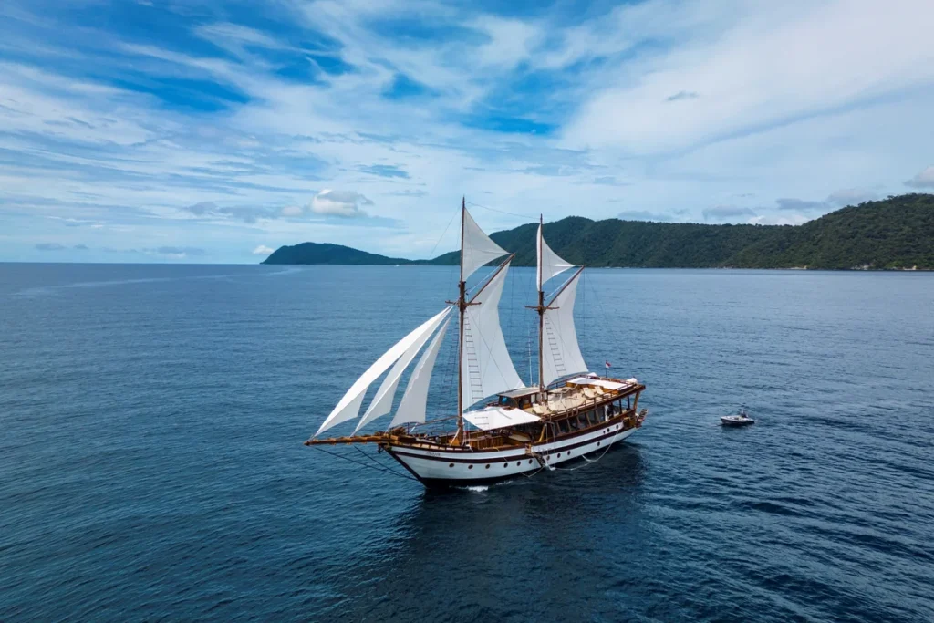 Aerial view of Majik sailing in Indonesia