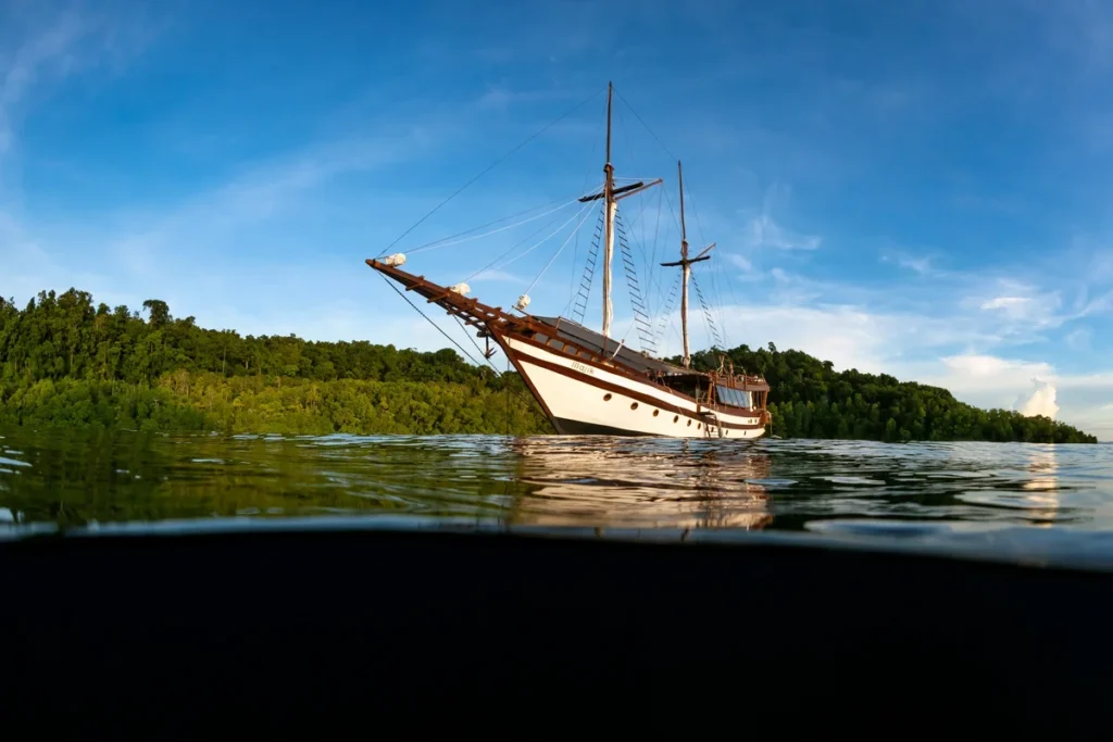 Starboard exterior of Majik near a forested island