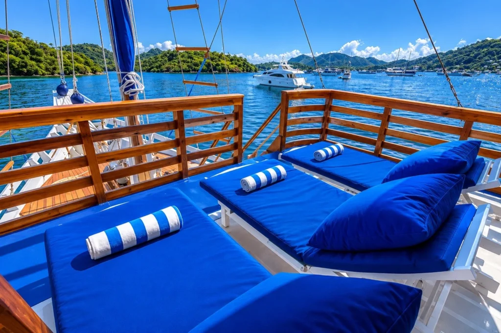 Sun loungers on the open sky deck aboard Mari