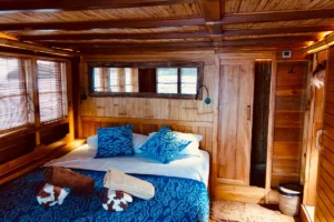Upper-deck master cabin with blue linens aboard Mikumba Dua