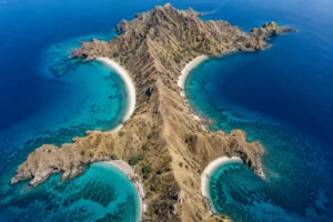 Aerial view of the hourglass shape of Padar Island in Komodo National Park