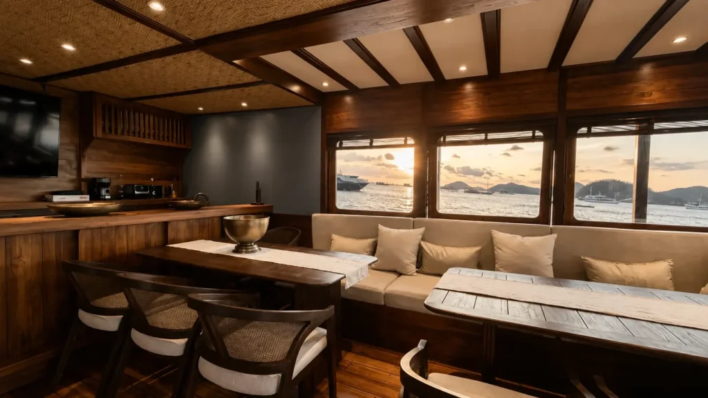 Indoor dining saloon aboard Papiton Allo phinisi