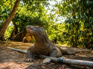 A close-up view of a wild Komodo dragon resting in the forest, safely observed during a VIP Komodo private charter tour.