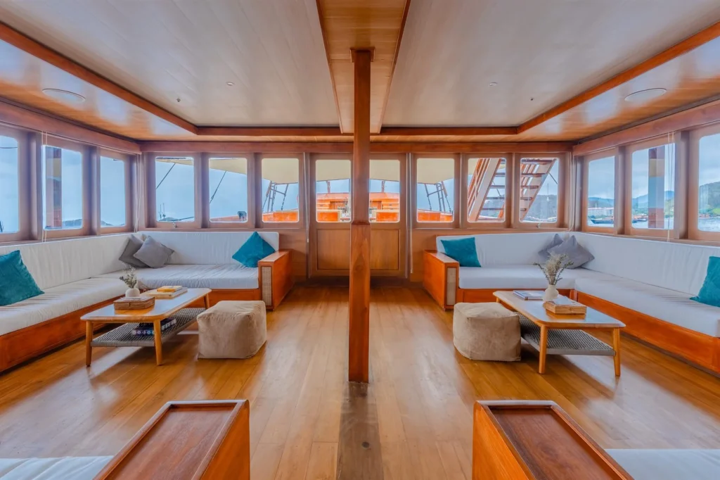 Panoramic living lounge aboard Sanctuary yacht