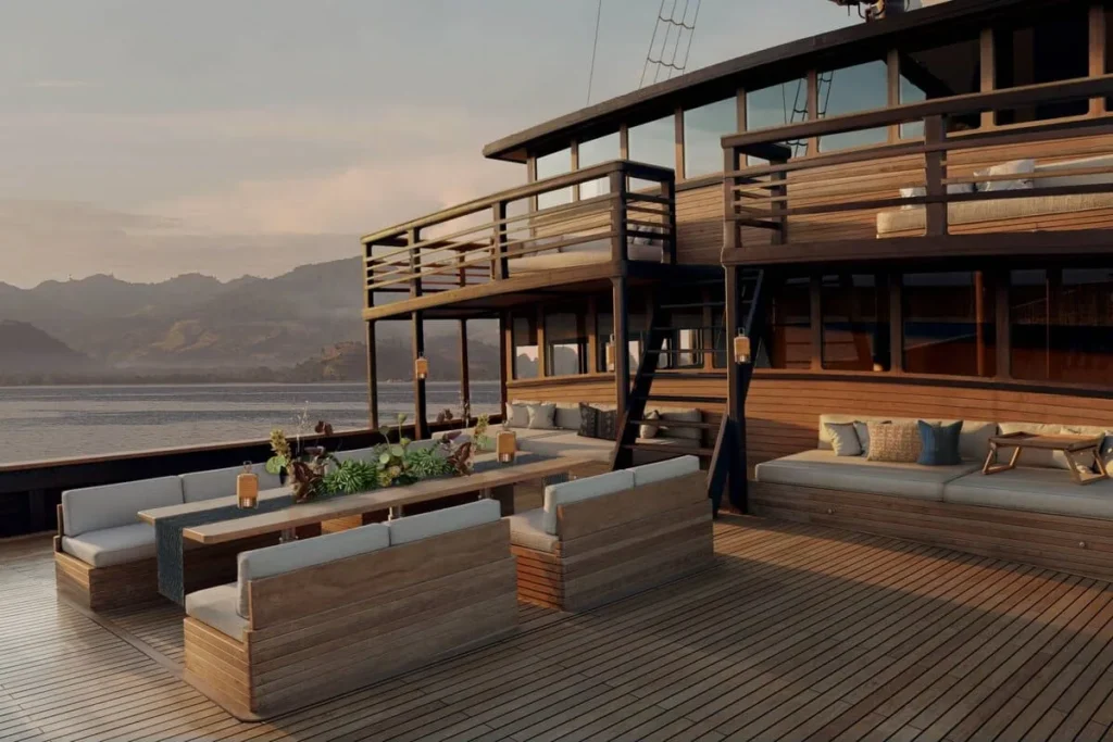 Official render of the main deck outdoor lounge aboard Sejiwa