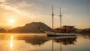 Beautiful golden sunset reflecting on the calm water behind a liveaboard boat, highlighting the 1-night stay on a Komodo tour