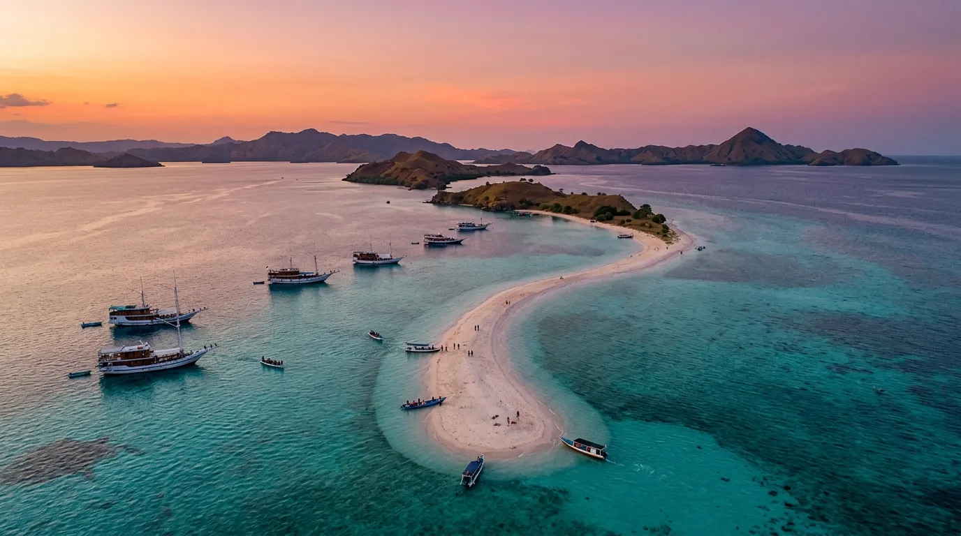 The crescent sandbar of Taka Makassar exposed at low tide in Komodo National Park