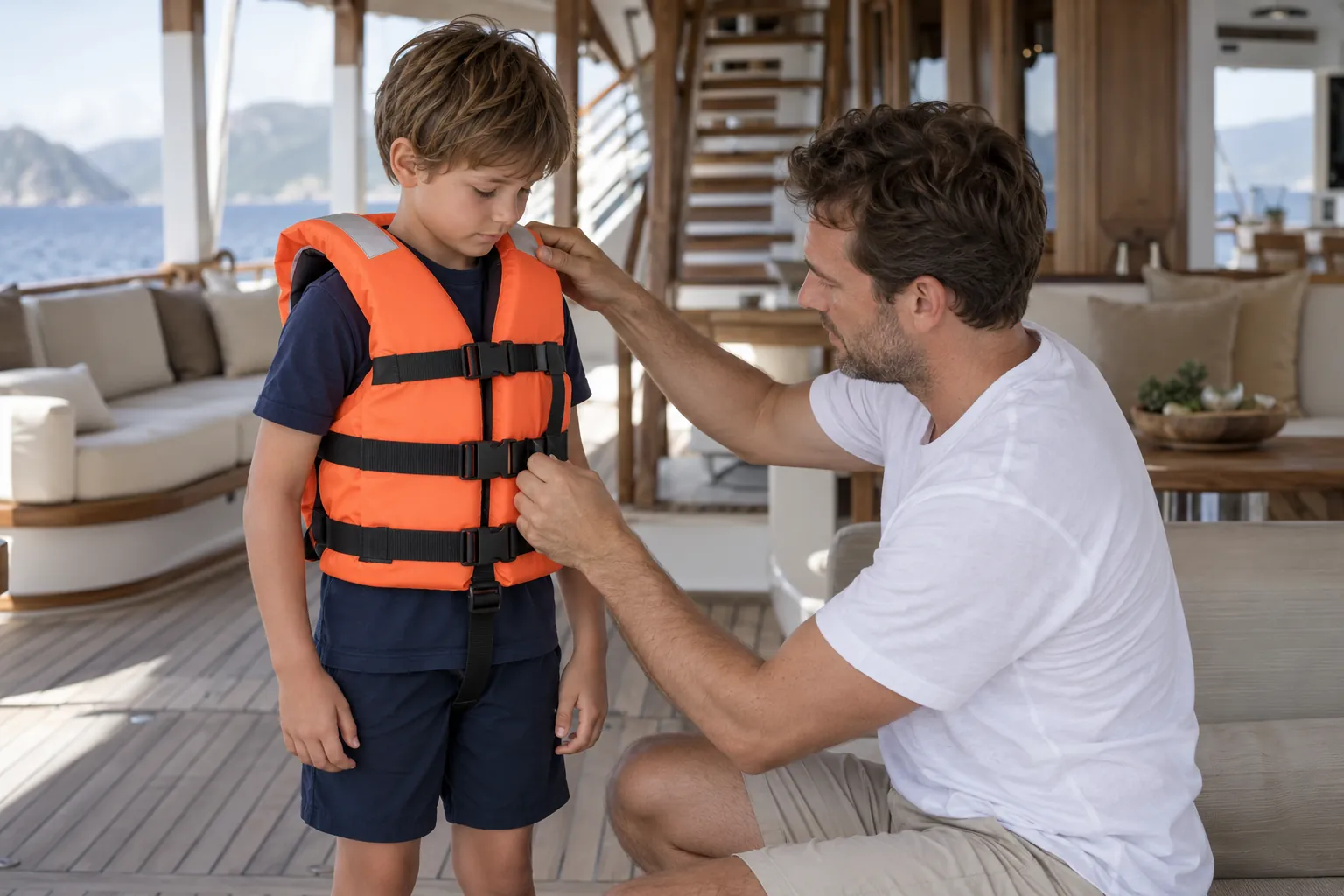 A parent checks the fastening of a child wearing an orange lifejacket.