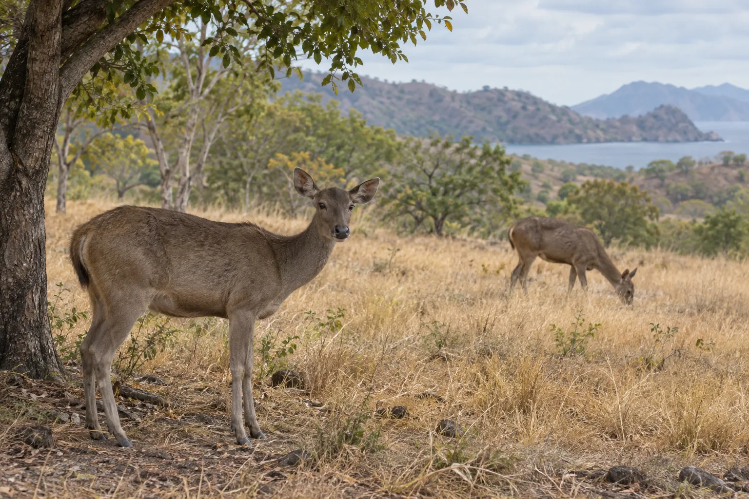 Two deer in dry grassland beside scattered shade trees