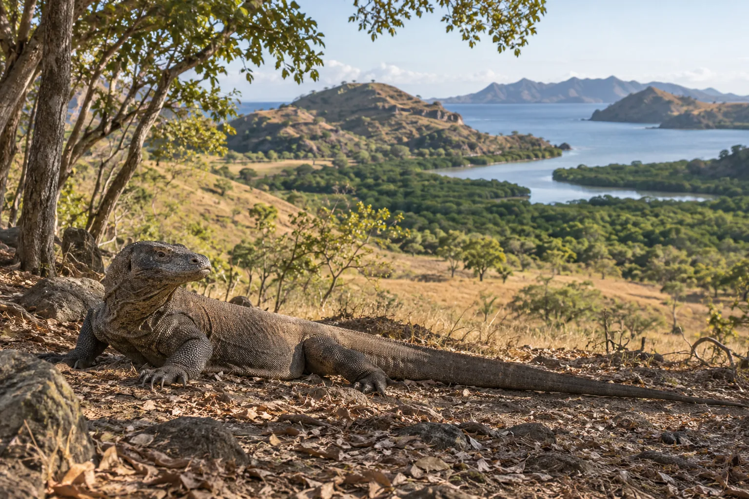Komodo dragon resting where shaded woodland meets open savanna