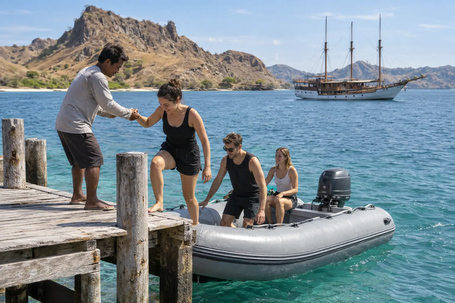 Casually dressed travelers stepping from a tender onto a simple island jetty with local staff nearby