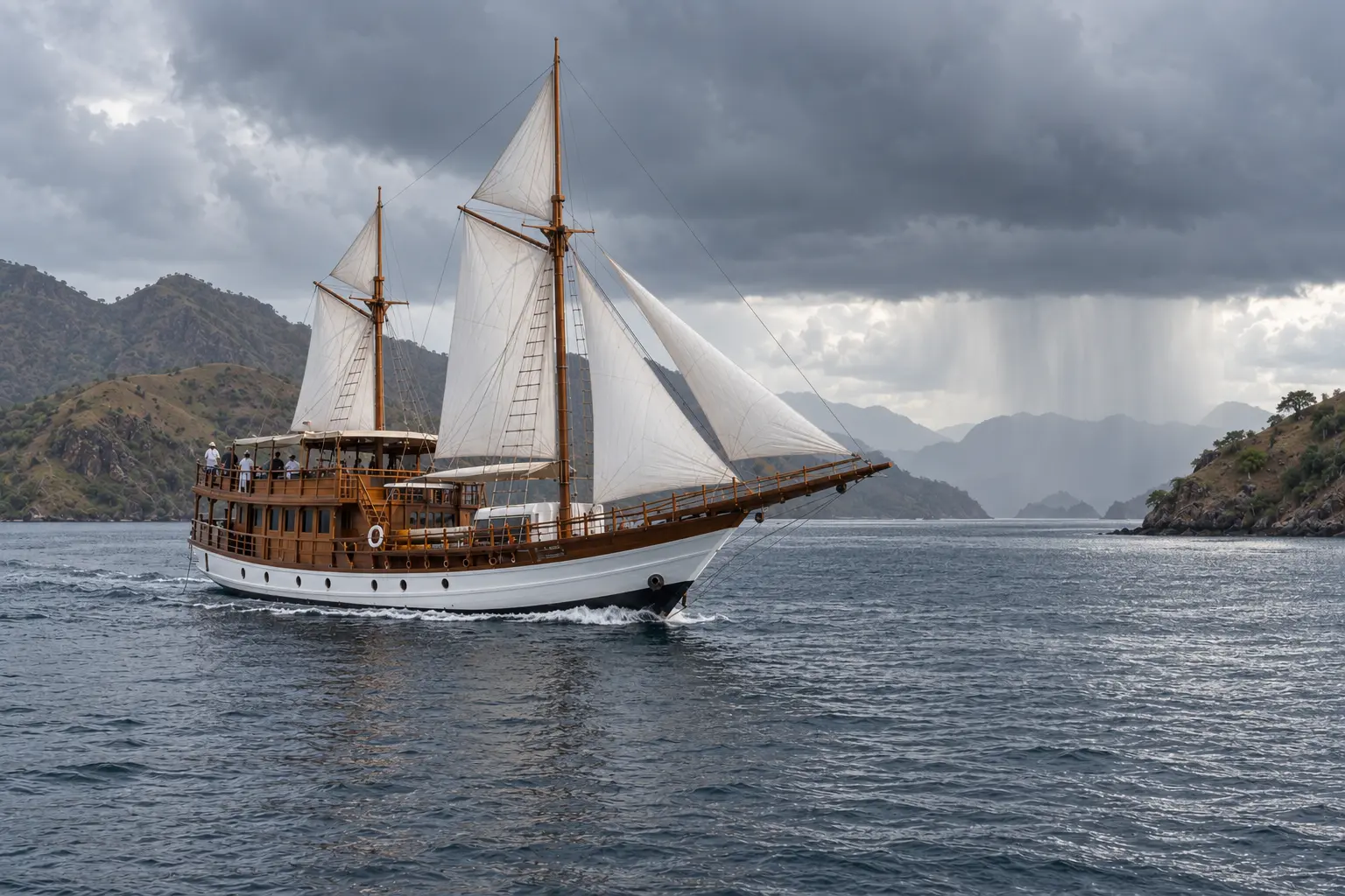 Luxury phinisi sailing through a Komodo channel beneath wet-season rainclouds