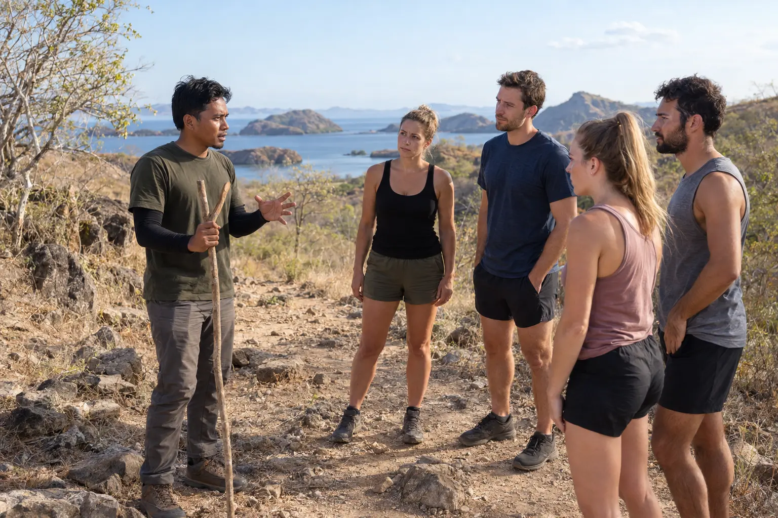A casually dressed local ranger giving visitors a safety briefing before a dry island trek in Komodo