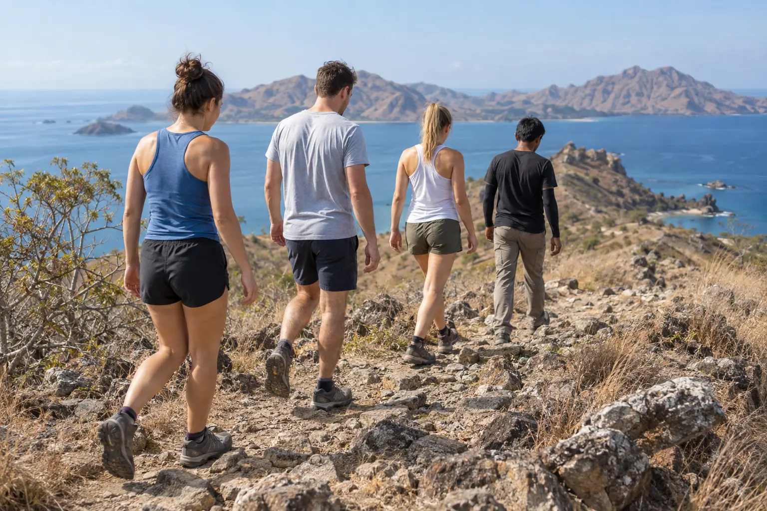 Visitors wearing closed walking shoes on a dry rocky Komodo trail with a casually dressed local guide