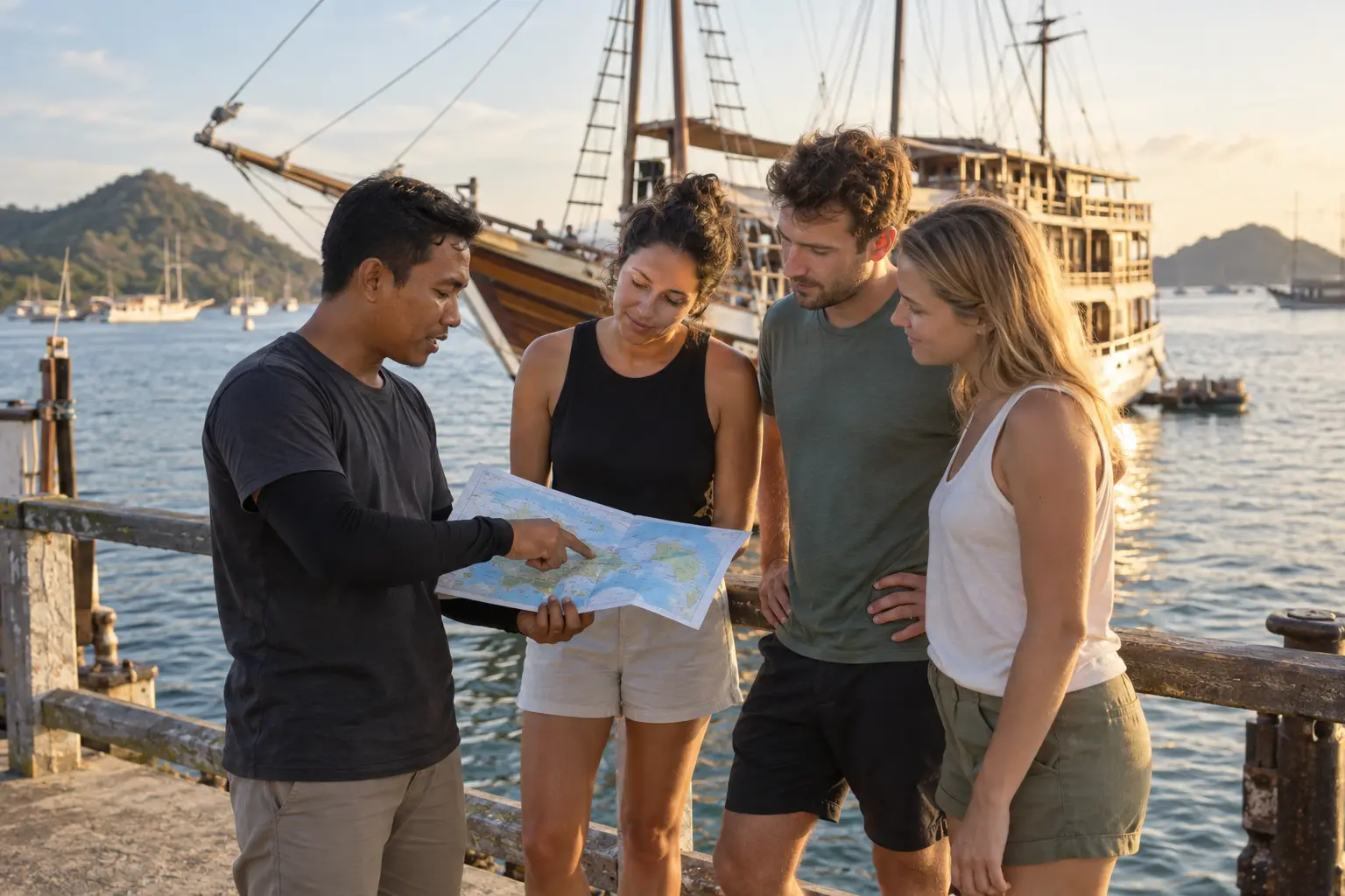 Casually dressed travelers comparing Komodo trip route options with a local coordinator beside a phinisi in Labuan Bajo