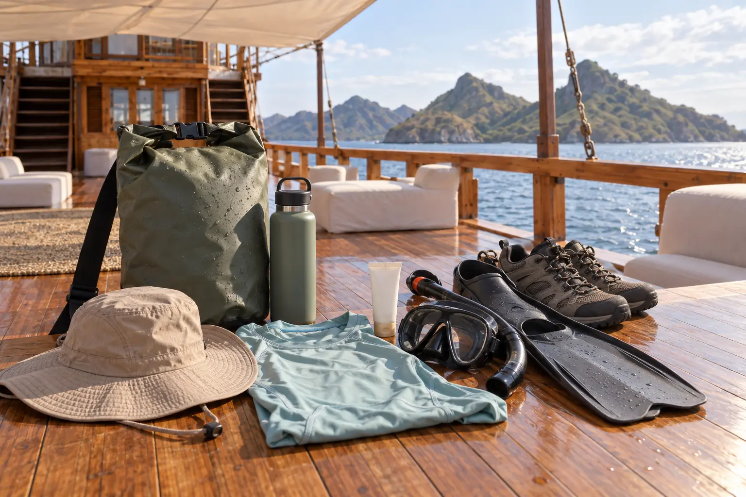Dry bag, water bottle, sun hat, walking shoes and snorkeling gear arranged on a luxury phinisi deck