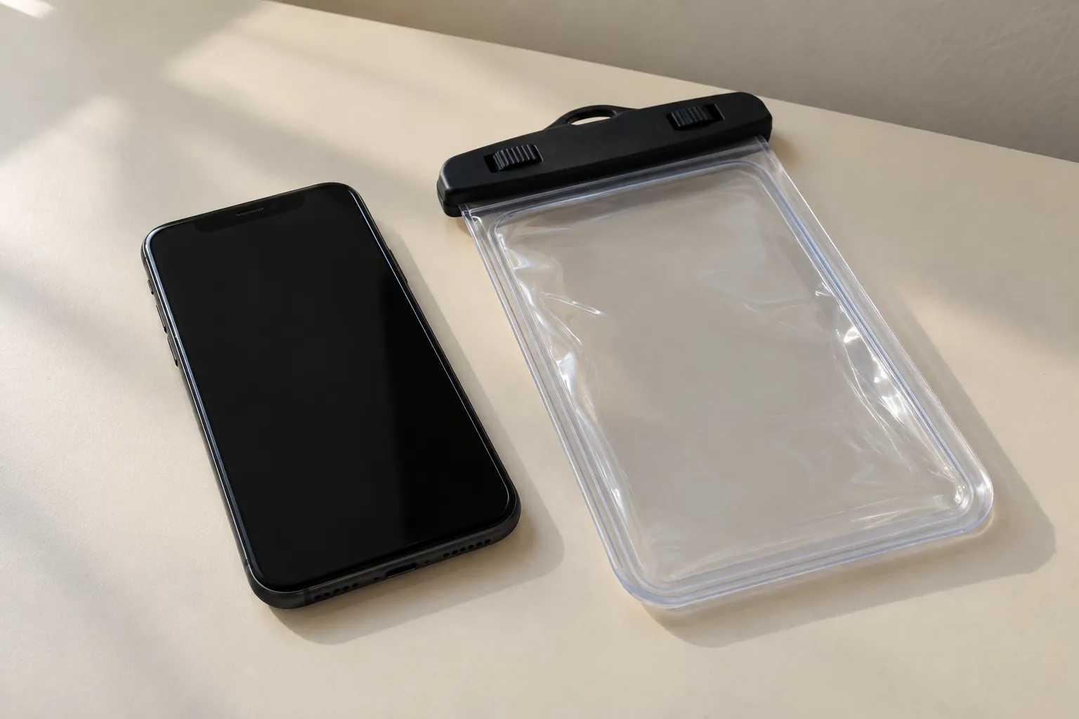 A phone with its screen off beside a transparent waterproof pouch.