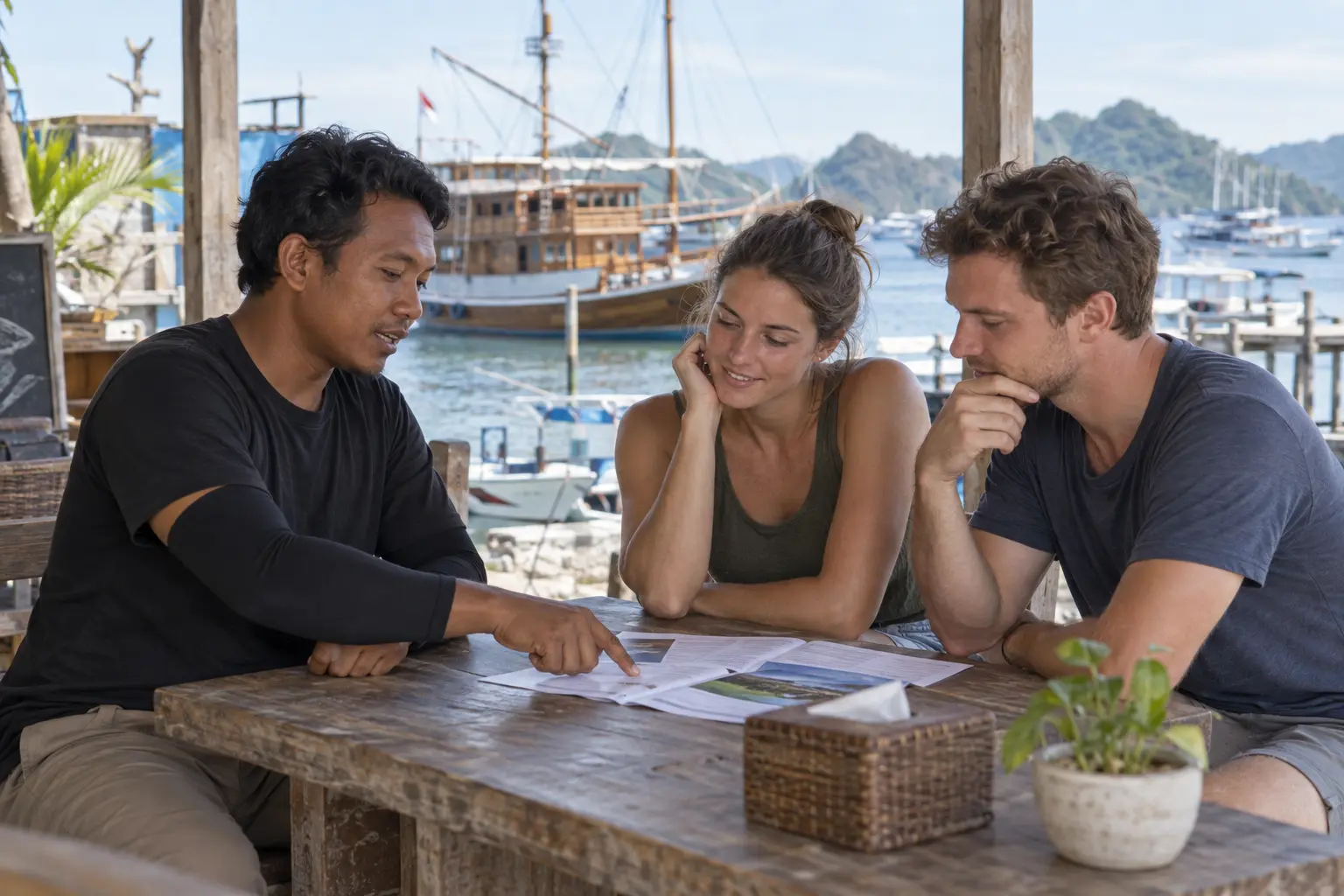 Casually dressed travelers reviewing a Komodo itinerary and fee checklist with a local coordinator in Labuan Bajo