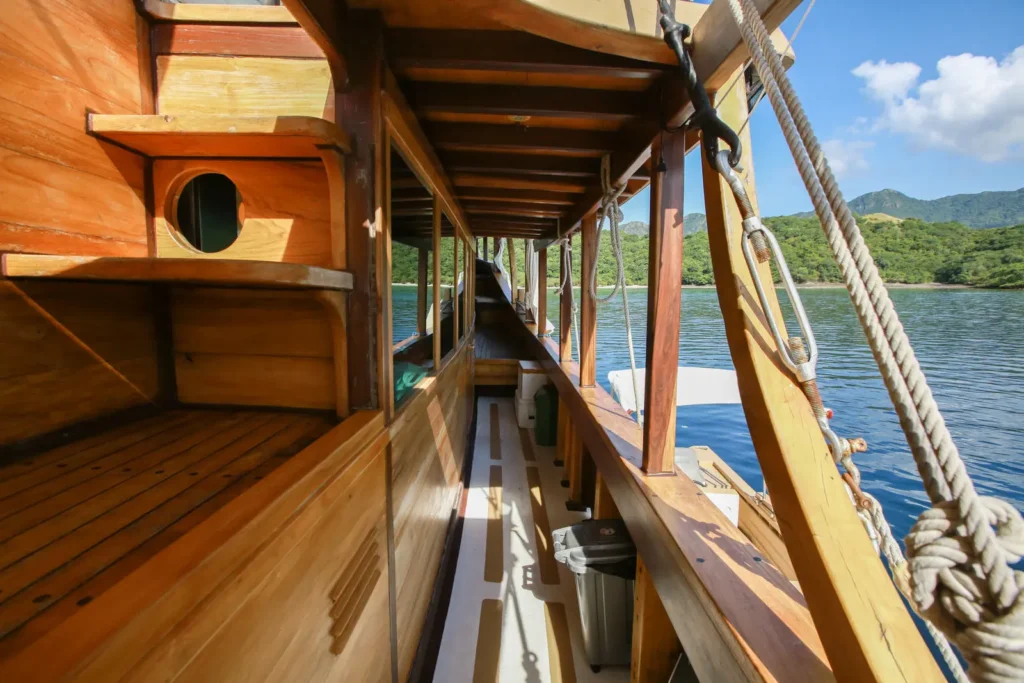 Wooden side deck aboard Tanaka Phinisi