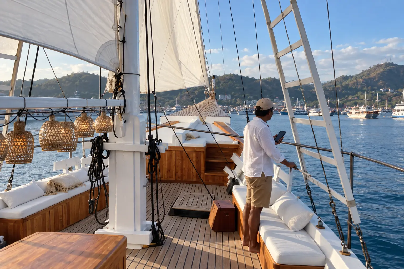 A captain checks current sea and weather conditions on a VVIP phinisi before departure.