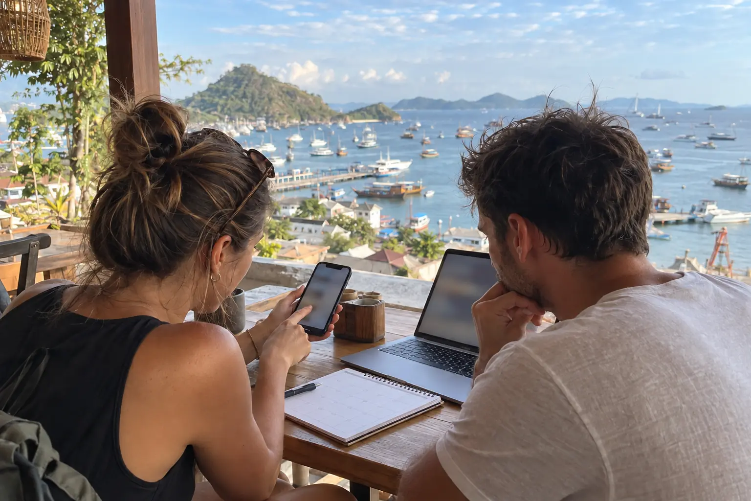 Two travelers review sailing dates and cabin options from a café overlooking Labuan Bajo harbour.